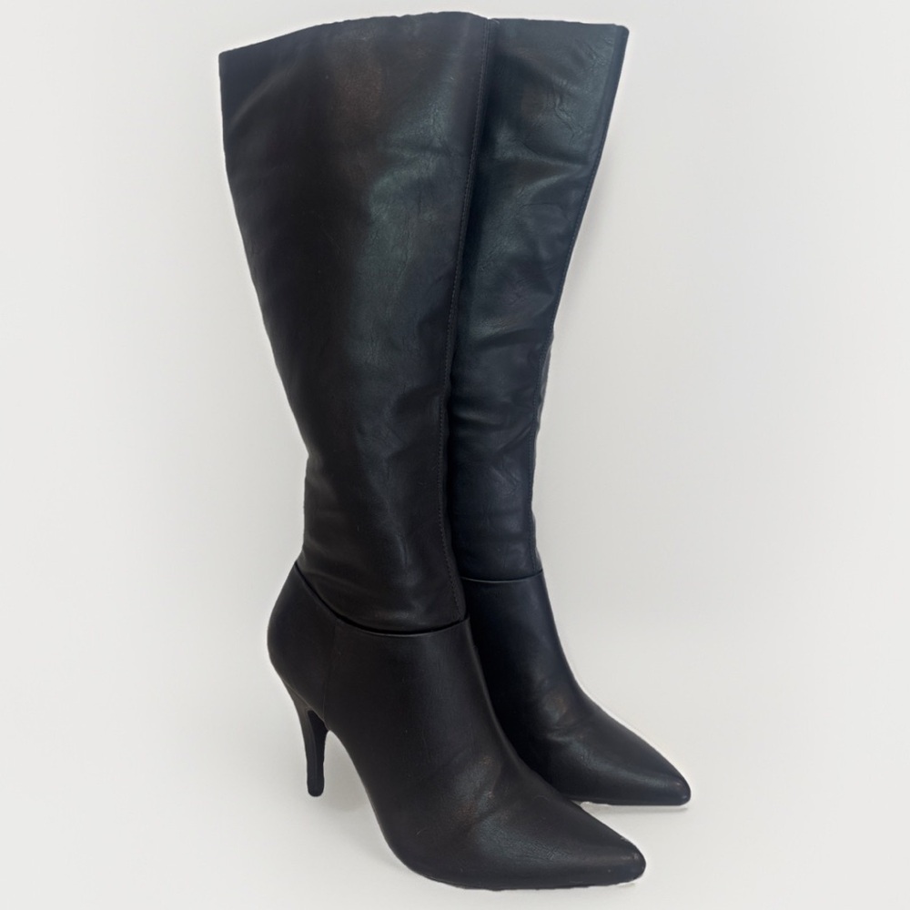Pesaro High Heeled Viesta Black Faux Leather Below Knee Boots US Womens Size 7.5